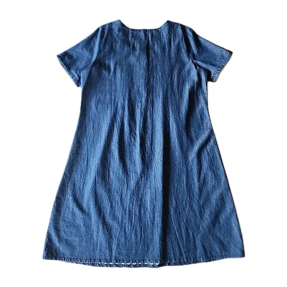 Womens Denim Midi Shirt Dress L Embroidered Pintuck Cottage Coastal Granny Chic - Picture 4 of 10